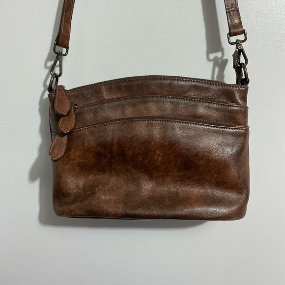 HESHE Brown Leather Shoulder Bag Multi-Pocket Handbag - Picture 1 of 8